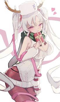 1girl :3 absurdres backless_dress backless_outfit backless_sweater bare_shoulders breasts cleavage cleavage_cutout closed_mouth clothing_cutout commentary cowboy_shot dress fake_antlers fur_hat gift green_scarf grey_hair half-closed_eyes hat heart highres hip_vent holding holding_gift horned_hat knit_pantyhose knit_sweater large_breasts laru_(snowish)_(stella_sora) laru_(stella_sora) lion2610 long_hair pantyhose pink_ribbon purple_eyes red_pantyhose ribbon scarf smile solo stella_sora sweater sweater_dress twintails very_long_hair white_dress white_hat white_sweater