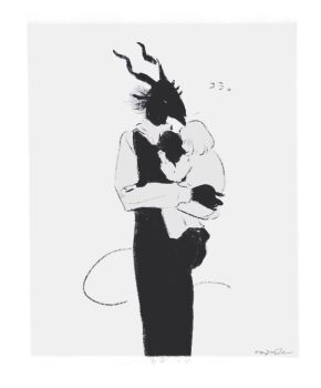 1boy 1girl body_fur boots carrying child child_carry closed_eyes commentary_request cowboy_shot dress grey_background greyscale highres horns monochrome nagabe sensei_(totsukuni_no_shoujo) shiva_(totsukuni_no_shoujo) simple_background solo standing tail totsukuni_no_shoujo translation_request vest