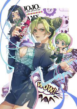 3girls absurdres black_hair black_jacket black_nails black_skirt bottle braid braided_ponytail breasts bun_with_braided_base chibi cleavage cone_hair_bun copyright_name cowboy_shot curtained_hair double_bun elicooc ermes_costello foo_fighters_(jojo) green_eyes green_hair green_lips green_shirt hair_bun hand_up high-waist_skirt highres holding holding_bottle jacket jojo_no_kimyou_na_bouken juliet_sleeves kuujou_jolyne large_breasts lipstick long_hair long_sleeves looking_at_viewer makeup multiple_girls nail_polish open_clothes open_jacket parted_lips puffy_sleeves shirt skirt staff stone_ocean unbuttoned water_bottle white_background