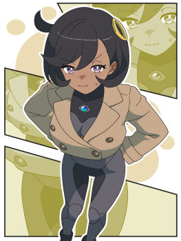 1girl black_hair bodysuit bodysuit_under_clothes breasts bright_pupils brown_jacket closed_mouth commentary_request emma_(pokemon) highres jacket kanbei_(pixiv11037490) leaning_forward light_blush long_sleeves nintendo outline pokemon pokemon_legends:_z-a purple_eyes ring_hair_ornament short_hair side_ahoge solo split_mouth sweatdrop wavy_mouth white_pupils