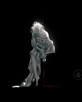 1girl backlighting bare_legs barefoot bent_over breasts collarbone crossed_legs cup dark_background dress drink elbow_rest full_body hair_over_face holding holding_cup liquid loika long_dress long_hair medium_breasts messy_hair off-shoulder_dress off_shoulder original outstretched_hand pouring puffy_sleeves simple_background solo teacup toenails