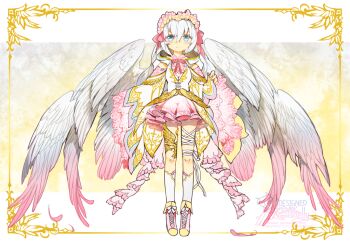 1girl angel_wings aweto bandaged_leg bandages blue_eyes blush feathered_wings frilled_skirt frills full_body gold_thighlet head_wreath jewelry miniskirt original skirt smile standing thighlet watermark white_hair wings
