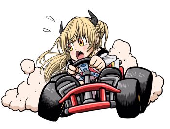 Rule 34 | 1girl, blonde hair, commentary, driving, dust cloud, fang, hair bun, highres, hizuki kanon, horns, indie virtual youtuber, lee (dragon garou), mario (series), mario kart, nintendo, open mouth, orange eyes, solo, virtual youtuber