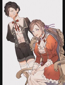 Rule 34 | 1boy, 1girl, aged down, alternate costume, arm behind back, ascot, bandaid, bandaid on cheek, bandaid on face, black hair, brown hair, chair, closed mouth, commentary request, dress, edelgard von hresvelg, edelgard von hresvelg (young), fire emblem, fire emblem: three houses, hair over one eye, hair ribbon, highres, hubert von vestra, long hair, long sleeves, nintendo, on chair, puffy long sleeves, puffy sleeves, purple eyes, purple ribbon, red dress, red ribbon, ribbon, short hair, simple background, sitting, smile, standing, twintails, user jdxn7382, white ascot, white background