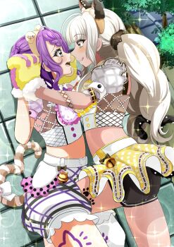 2girls after_kiss ahoge animal_ear_fluff animal_ears animal_hands black_shorts braid braided_bangs cat_ears cat_tail commentary_request crop_top d4dj dutch_angle fake_animal_ears fake_tail fur-trimmed_gloves fur_trim gloves grey_eyes hidaka_saori highres holding_hands long_hair looking_at_another matsuyama_dalia mito_youki multicolored_shorts multiple_girls official_alternate_costume open_mouth paw_gloves pink_gloves purple_hair saliva saliva_trail short_hair shorts shorts_under_skirt skirt sparkle tail tan teeth tongue tongue_out tree twintails upper_body upper_teeth_only white_hair white_shorts yellow_skirt