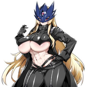 1girl absurdres ans beelstarmon belt black_gloves blonde_hair breasts closed_mouth digimon digimon_(creature) digimon_story:_time_stranger female_focus gggg gloves hand_on_own_hip highres jacket large_breasts leather leather_jacket leather_pants long_hair mask pants purple_eyes simple_background smile third_eye underboob white_background