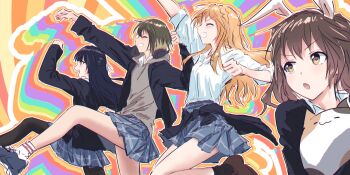 4girls :o ^_^ aimoto_rinku akashi_maho arm_up black_hair black_jacket black_pantyhose black_socks blonde_hair blue_shoes blue_skirt braid brown_eyes brown_hair brown_shoes calico_(pattern) calico_cat closed_eyes clothes_around_waist collared_shirt commentary crown_braid d4dj grey_hoodie grin half_updo happy_around! highres hood hoodie jacket jacket_around_waist jacket_over_hoodie long_hair long_sleeves miniskirt multiple_girls ohnaruto_muni open_clothes open_jacket open_mouth pantyhose plaid_clothes plaid_skirt pleated_skirt profile school_uniform shirt shoes skirt smile socks three-quarter_sleeves togetsu_rei twintails v-shaped_eyebrows white_shirt white_socks yukitake_(bullfalk)