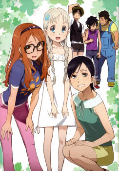 3boys 3girls absurdres anjou_naruko ano_hi_mita_hana_no_namae_wo_bokutachi_wa_mada_shiranai. black_hair blue_eyes braid brown_eyes brown_hair dress flower forget-me-not_(flower) glasses grey_eyes grey_hair hair_flower hair_ornament hat highres hisakawa_tetsudou honma_meiko incredibly_absurdres long_hair looking_at_another looking_at_viewer matsuyuki_atsumu multiple_boys multiple_girls overalls scan shorts smile tanaka_masayoshi third-party_source tsurumi_chiriko twin_braids yadomi_jinta