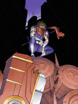 1boy armband belt brown_hair building cityscape commentary_request corpse damaged dusk emperor_dragon energy_sword highres jika-tabi kazeya_kazuya mecha muscular muscular_male ninja red_scarf riding robot scarf scene_reference science_fiction spiked_hair spikes squatting standing_on_another's_chest strider_(video_game) strider_hiryuu sword toned tonfa translation_request victory weapon wreckage