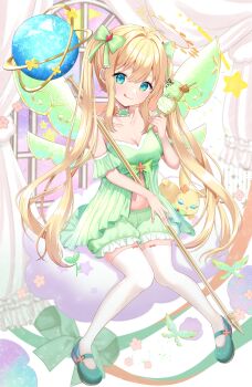 Rule 34 | 1girl, absurdres, babydoll, bare shoulders, blonde hair, blue eyes, bow, breasts, choker, cleavage, commentary request, commission, food, frilled choker, frills, green babydoll, green bow, green choker, green shoes, green shorts, green wings, hair bow, halo, highres, holding, holding ice cream cone, ice cream, ice cream cone, lele1e0v0, long hair, looking at viewer, multicolored eyes, orb, original, shoes, shorts, sitting, small breasts, solo, staff, stuffed animal, stuffed rabbit, stuffed toy, thighhighs, tongue, twintails, white thighhighs, wings