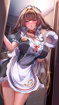1girl absurdres animal_collar animal_hands apron black_dress black_hair blush breasts chinese_commentary cleavage collar commentary_request dress gloves gxws highres large_breasts long_hair looking_at_viewer maid maid_apron maid_headdress open_mouth paw_gloves red_eyes short_sleeves solo thiren white_gloves ye_shunguang zenless_zone_zero