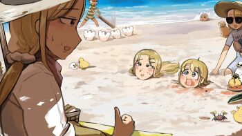 Rule 34 | 6+girls, :d, baby animal, beach, bird, blindfold, blonde hair, blue eyes, blue one-piece swimsuit, brown hair, buried, chicken, chili pepper, clumsy nun (diva), commentary, crab, diva (hyxpk), dog, duck, duckling, english commentary, food, froggy nun (diva), fruit, green one-piece swimsuit, grey hair, hat, highres, leaf nun (diva), little nuns (diva), long hair, multiple girls, ocean, old-fashioned swimsuit, one-piece swimsuit, open mouth, sand, sandwich, shirt, smile, spicy nun (diva), strict nun's mother (diva), strict nun (diva), striped clothes, striped one-piece swimsuit, sun hat, sunglasses, swimsuit, thumbs up, watermelon, white shirt