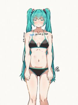 1girl ai-generated_art_(topic) aqua_eyes aqua_hair aqua_trim bikini black_bikini breasts commentary feet_out_of_frame grok_(xai) hatsune_miku jk_arts long_hair looking_at_viewer navel signature simple_background small_breasts solo stomach swimsuit twintails twitter twitter_username very_long_hair vocaloid white_background