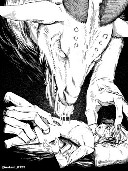 1boy animal bags_under_eyes black_background bleeding blood dirty dirty_face dungeon_meshi eating elf goat goat_(dungeon_meshi) greyscale injury instant_0123 long_sleeves lying male_focus mithrun monochrome notched_ear on_back open_mouth oversized_animal pointy_ears short_hair sweatdrop tunic wavy_hair