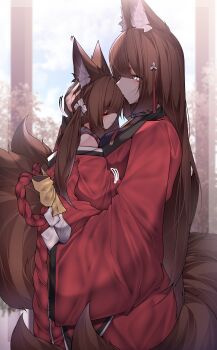2girls absurdres amagi-chan_(azur_lane) amagi_(azur_lane) animal_ears azur_lane bare_shoulders breasts brown_hair carrying carrying_person closed_eyes closed_mouth commentary fox_ears fox_girl fox_tail hand_on_another's_head highres japanese_clothes kimono large_breasts long_hair looking_at_another mother_and_daughter multiple_girls multiple_tails purple_eyes red_kimono samip tail
