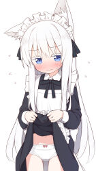 Rule 34 | 1girl, animal ear fluff, animal ears, apron, ayanepuna, black bow, black dress, blue eyes, bow, bow panties, clothes lift, collared dress, colored eyelashes, commentary request, dress, dress lift, flying sweatdrops, frilled apron, frills, hair between eyes, highres, lifted by self, long hair, long sleeves, maid, maid apron, maid headdress, navel, original, panties, puffy long sleeves, puffy sleeves, simple background, solo, underwear, very long hair, white apron, white background, white hair, white panties