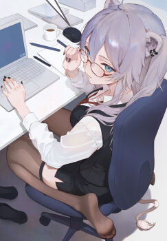 1girl absurdres adjusting_eyewear ahoge animal_ear_piercing animal_ears black_nails black_shoes black_skirt black_thighhighs black_vest blue_eyes breasts chair coffee collared_shirt commentary_request computer computer_mouse dress_shirt feet full_body glasses grey_hair highres hololive indoors laptop large_breasts lion_ears lion_girl lion_tail long_hair miniskirt nail_polish necktie no_shoes office_lady on_chair red_necktie sharc shirt shishiro_botan shoes sidelocks sitting skirt soles soles_of_feet_in_socks solo tail thighhighs toes toes_visible_through_clothing two_side_up unworn_shoes vest virtual_youtuber white_shirt