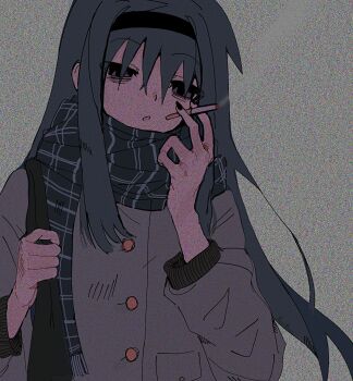 1girl akemi_homura black_hairband black_nails blue_scarf cigarette empty_eyes green_hair grey_jacket hairband highres holding holding_cigarette jacket long_hair mahou_shoujo_madoka_magica multicolored_background r_(reijibnuy2) scarf smoking solo static