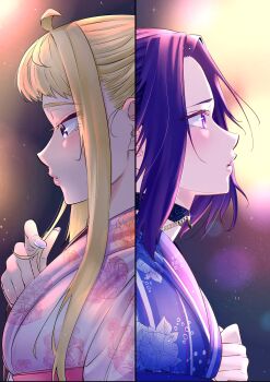 2girls absurdres akino_sayuri black_choker blonde_hair choker dosanko_gal_wa_namaramenkoi from_side fuyuki_minami highres holding holding_own_hair ikada_kai japanese_clothes kimono looking_down looking_up multiple_girls nail_polish official_art parted_lips pink_kimono purple_eyes purple_hair purple_kimono split_screen