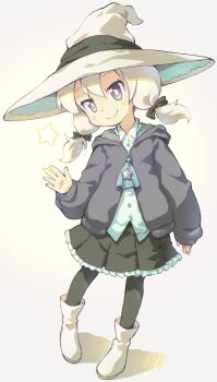 1girl black_bow black_eyes black_pantyhose black_ribbon black_skirt boots bow bright_pupils closed_mouth collared_shirt commentary_request frilled_skirt frills full_body grey_jacket hair_bow hand_up hat hat_ribbon highres hood hood_down hooded_jacket jacket long_sleeves medium_hair original pantyhose ribbon sakurabe_notos shirt skirt sleeves_past_wrists smile solo standing two-sided_fabric two-sided_headwear white_boots white_hair white_hat white_pupils white_shirt witch_hat