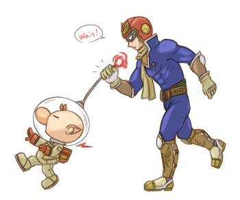 2boys backpack bag belt big_nose blue_bodysuit bodysuit boots bracer brown_belt brown_hair buttons captain_falcon closed_eyes closed_mouth collared_bodysuit commentary_request covered_abs english_text expressionless f-zero from_side full_body gloves height_difference helmet high_collar holding knee_pads leg_armor male_focus multiple_boys naru_(wish_field) nintendo notice_lines olimar patch pikmin_(series) pointy_ears radio_antenna red_bag red_gloves red_helmet scarf short_hair shout_lines simple_background space_helmet spacesuit speech_bubble studded_belt super_smash_bros. very_short_hair walking white_background yellow_boots yellow_gloves yellow_scarf