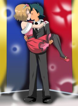 1boy 1girl ash_ketchum black_hair black_suit blonde_hair carrying carrying_person closed_eyes couple formal_clothes gloves hikariangelove kiss nintendo pokemon pokemon_(anime) pokemon_xy pokemon_xy_(anime) princess_carry serena_(pokemon) short_hair suit white_gloves