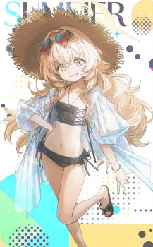 1girl absurdres alternate_costume bikini black_bikini blonde_hair blue_archive breasts commentary_request drive_shot eyewear_on_head fluffy_hair frilled_bikini frills green_eyes hair_intakes halo hat heart heart-shaped_eyewear highres jacket leg_up long_hair looking_at_viewer navel professor_niyaniya_(blue_archive) see-through_clothes see-through_jacket side_ahoge small_breasts smile solo standing standing_on_one_leg straw_hat sun_hat swimsuit yellow_halo