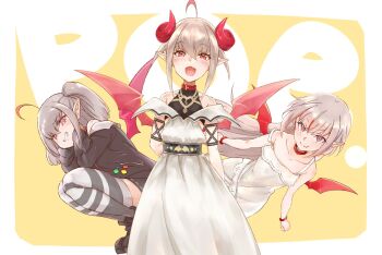 Rule 34 | 1girl, ahoge, ankle boots, arm strap, arms behind back, bare shoulders, belt, belt collar, black boots, black jacket, black skirt, blunt bangs, blush, boots, border, bracelet, broken heart print, closed mouth, collar, collarbone, colored tips, cowboy shot, curled horns, demon horns, demon wings, dress, dyed ahoge, fang, feet out of frame, flying, from side, furrowed brow, grey hair, grin, hair between eyes, hair down, highres, horns, jacket, jewelry, lace trim, long dress, long hair, looking at viewer, makaino ririmu, makaino ririmu (1st costume), makaino ririmu (2nd costume), makaino ririmu (3rd costume), medium hair, miniskirt, multicolored hair, multiple views, nijisanji, off-shoulder dress, off-shoulder jacket, off shoulder, open mouth, outside border, pointy ears, raguro, red collar, red eyes, red horns, red streaks, red wings, shirt under dress, short hair, sidelocks, skin fang, skirt, sleeveless, sleeveless dress, sleeves past fingers, sleeves past wrists, smile, squatting, standing, straight-on, straight hair, strap slip, streaked hair, striped clothes, striped thighhighs, sundress, text background, thighhighs, twintails, two-tone hair, undershirt, virtual youtuber, white border, white dress, wings, yellow background