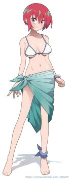 1girl absurdres alternate_costume amate_yuzuriha aqua_eyes bad_id bad_patreon_id barefoot breasts closed_mouth full_body gundam gundam_gquuuuuux highres kdtwifi looking_at_viewer navel paid_reward_available red_hair shiny_skin short_hair simple_background smile solo standing swimsuit toes white_background