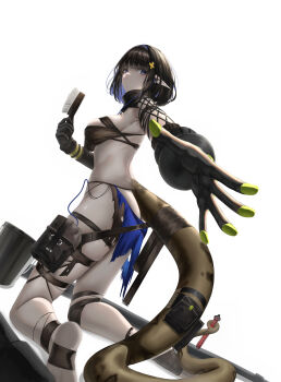 Rule 34 | 1girl, absurdres, arknights, black hair, blue hairband, breasts, commentary, eunectes (arknights), gloves, hairband, highres, medium breasts, medium hair, numnumhan ningen, pointy ears, prehensile tail, snake girl, snake tail, tail, thighs, very long tail