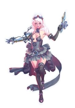 1girl artist_request asymmetrical_sleeves blue_eyes breasts cleavage clock cross cross_earrings crystal_maiden_(series) detached_sleeves earrings full_body game_cg gears goggles goggles_on_head gun hair_over_shoulder holding holding_gun holding_weapon jess_(crystal_maidens) jewelry official_art skirt solo standing standing_on_one_leg transparent_background variant_set weapon white_hair