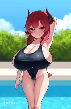 1girl absurdres arm_behind_head armpits black_one-piece_swimsuit borrowed_character breasts cleavage day gigantic_breasts gluteal_fold goat-chan_(enarane) goat_tail highleg highleg_one-piece_swimsuit highres horns kaedeno_yuu licking_lips long_hair one-piece_swimsuit oppai_loli original outdoors poolside red_eyes red_hair sidelocks solo standing swimsuit tail thigh_gap tongue tongue_out