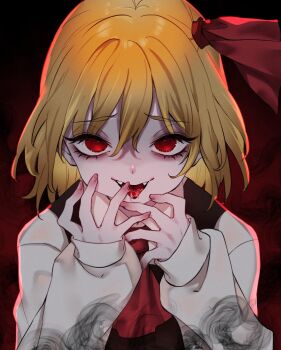 1girl ascot black_vest blonde_hair darkness hair_ribbon highres neon_(co2co8) open_mouth red_ascot red_eyes red_ribbon ribbon rumia short_hair skirt skirt_set smile solo tongue tongue_out touhou upper_body vest