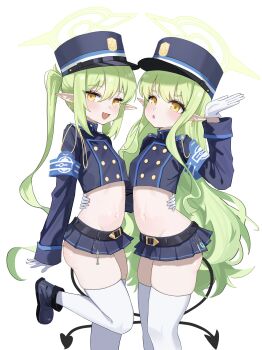 1girl 2girls :d absurdres adapted_costume arm_around_waist armband ass belt black_belt black_boots black_hat black_jacket black_skirt blue_archive blue_armband blush boots buttons chestnut_mouth chinese_commentary commentary_request cropped_jacket demon_girl demon_tail double-breasted earrings fang feet_out_of_frame foot_out_of_frame gloves green_hair green_halo hair_between_eyes halo hand_up hat highres hikari_(blue_archive) hug jacket jewelry long_hair long_sleeves looking_at_viewer microskirt multiple_girls navel nozomi_(blue_archive) open_mouth peaked_cap pleated_skirt pointy_ears siblings sidelocks simple_background sisters skin_fang skindentation skirt smile standing standing_on_one_leg stomach tail thick_eyebrows thighhighs thighs twins twintails very_long_hair white_background white_gloves white_thighhighs xiaoxiaoyifan yellow_eyes