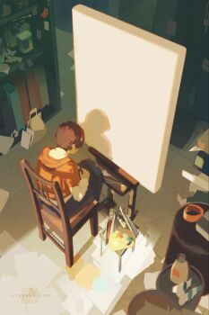 1boy artist_name brown_hair canvas_(object) chair easel facing_away highres hood hood_down hoodie litarnes long_sleeves male_focus on_chair orange_hoodie original paint paint_palette paintbrush paper shirt short_hair short_sleeves sitting solo watermark web_address white_shirt wooden_chair
