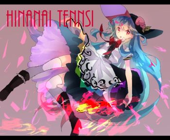 1girl black_boots black_hat black_skirt blue_hair boots bow bowtie brown_background character_name commentary_request full_body hat hat_ornament hinanawi_tenshi leaf_hat_ornament letterboxed long_hair looking_at_viewer one-hour_drawing_challenge open_mouth peach_hat_ornament rainbow_gradient red_bow red_bowtie red_eyes shinjitsu_no_kuchi shirt skirt solo sword_of_hisou thighhighs touhou white_shirt white_thighhighs