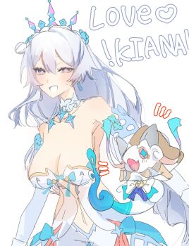 1girl armpits blue_eyes breasts character_name cleavage commentary_request dress english_text fuahina highres honkai_(series) honkai_impact_3rd kiana_kaslana kiana_kaslana_(ba-dum!_fiery_wishing_star) kiana_kaslana_(winter_wishes) large_breasts long_hair official_alternate_costume official_alternate_hairstyle rice_cake_(honkai_impact) simple_background smile snake tiara very_long_hair white_background white_dress white_hair