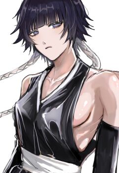 1girl bare_shoulders black_hair bleach bleach:_sennen_kessen-hen breasts closed_mouth collarbone detached_sleeves female_focus highres japanese_clothes medium_hair namahamumn shihakusho shiny_skin sideboob simple_background small_breasts sui-feng upper_body white_background