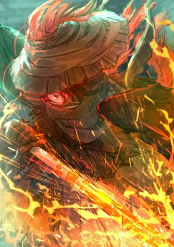 Rule 34 | 1boy, absurdres, bandage over one eye, bird boy, bird wings, brown scarf, brown wings, buzaii, cowboy shot, feathers, fire, hat, heathcliff (project moon), heishou pack-you branch (identity) (project moon), highres, holding, holding sword, holding weapon, limbus company, looking at viewer, project moon, red feathers, rice hat, scarf, solo, sparks, sword, weapon, wings