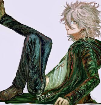 1boy black_pants brown_shoes chain closed_mouth danganronpa_(series) danganronpa_2:_goodbye_despair from_side green_jacket grey_eyes grey_hair grey_shirt highres hood hood_down hooded_jacket jacket kashiba_(iiiiii_kasba) knee_up komaeda_nagito leg_up long_sleeves looking_at_viewer male_focus medium_hair open_clothes open_jacket pants reclining shirt shoes sitting solo white_background