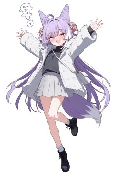1girl :d absurdres black_shoes black_sweater blue_eyes coat commentary_request cone_hair_bun double_bun fang fox_girl fox_tail full_body fur-trimmed_coat fur-trimmed_sleeves fur_trim hair_bun heterochromia highres korean_commentary long_hair long_sleeves looking_at_viewer miniskirt multicolored_hair open_clothes open_coat open_mouth outstretched_arms pleated_skirt purple_hair saho_4545 shoes simple_background skirt smile socks spread_arms stellive streaked_hair sweater tail tenko_shibuki two-tone_hair very_long_hair virtual_youtuber white_background white_coat white_hair white_skirt white_socks yellow_eyes