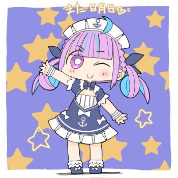 Rule 34 | 1girl, ;), ahoge, anchor print, anchor symbol, and takashi, arm up, blue background, blue bow, blue bowtie, blue dress, blue hair, blue shoes, blunt bangs, blush, bow, bowtie, bright pupils, chibi, chibi only, closed mouth, colored inner hair, curly hair, dress, frilled dress, frills, full body, hashtag-only commentary, highres, hololive, looking at viewer, maid headdress, minato aqua, minato aqua (1st costume), multicolored hair, one eye closed, puffy sleeves, purple eyes, purple hair, shoes, short sleeves, smile, solo, standing, star (symbol), star symbol background, streaked hair, twintails, virtual youtuber, white pupils, wrist cuffs