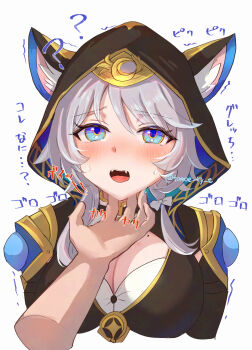 1girl animal_ears black_hood blue_eyes blush breasts cat_ears cipher_(honkai:_star_rail) cleavage commentary cropped_torso fangs grey_hair hand_on_another&#039;s_chin highres honkai:_star_rail honkai_(series) mole mole_on_chest pov pov_hands stroking_another&#039;s_chin symbol-only_commentary tearing_up tomoe_(pixiv_53856103) twitter_username white_background