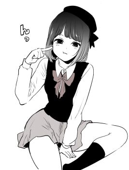 Rule 34 | 1girl, arima kana, beret, bob cut, bow, bowtie, collared shirt, half-closed eyes, hat, highres, kneehighs, long sleeves, looking at viewer, medium hair, miniskirt, monochrome, oshi no ko, pointing, pointing at self, pout, shirt, simple background, sitting, skirt, socks, solo, tagme, tsundere, vest, white background, yokoyari mengo