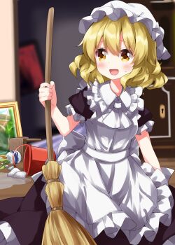 1girl :d apron ascot black_dress blonde_hair bow broom bucket cleaning_maid_(touhou) clock collared_dress commentary_request dress frilled_apron frilled_dress frills grandfather_clock highres holding holding_broom maid_apron medium_hair open_mouth portrait_(object) portrait_of_exotic_girls puffy_short_sleeves puffy_sleeves ruu_(tksymkw) short_sleeves smile solo sweatdrop touhou waist_bow water white_apron white_ascot white_bow yellow_eyes
