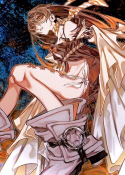 1girl amo_empool bare_shoulders boots brown_hair brown_shirt corset_piercing crop_top foot_out_of_frame gachiakuta grey_boots hair_between_eyes higaraaaaaaa highres horizontal_pupils jacket jacket_partially_removed long_hair midriff navel neckerchief orange_eyes parted_lips shirt side_slit skirt solo striped_neckerchief white_skirt