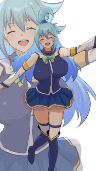 1girl absurdres aqua_(konosuba) bare_shoulders blue_boots blue_hair blue_shirt blue_skirt boots breasts closed_eyes commentary detached_sleeves facing_viewer foot_out_of_frame hair_ornament highres knee_boots kono_subarashii_sekai_ni_shukufuku_wo! large_breasts long_hair open_mouth pleated_skirt shinkai_toro shirt simple_background skirt sleeveless sleeveless_shirt smile solo symbol-only_commentary teeth thighhighs upper_teeth_only white_background white_sleeves white_thighhighs zoom_layer