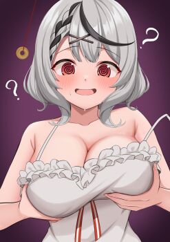 Rule 34 | 1girl, 9696k, :d, @ @, absurdres, black hair, blush, breasts, camisole, cleavage, fang, frills, grabbing own breast, grey hair, grin, hair ornament, hairclip, highres, hololive, hypnosis, large breasts, mind control, multicolored hair, open mouth, pendulum, ?, red eyes, sakamata chloe, short hair, smile, solo, strap slip, sweat, upper body, virtual youtuber