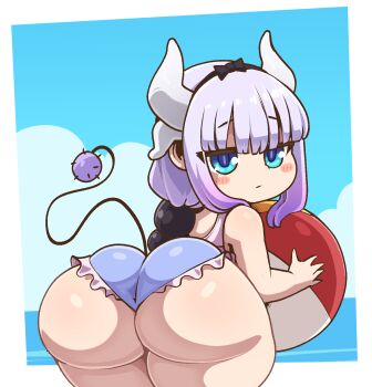ass ass_focus beach blue_eyes dragon_girl dragon_horns expressionless highres horns kanna_kamui kobayashi-san_chi_no_maidragon kyojiri_loli loli ocean purple_hair solo swimsuit theyeager twintails