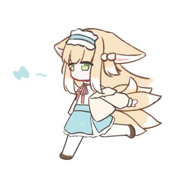 Rule 34 | 1girl, animal ears, apricotlemontea, arknights, blonde hair, blue hairband, chibi, fox ears, fox girl, fox tail, green eyes, hairband, kitsune, long sleeves, multiple tails, neck ribbon, official alternate costume, open clothes, pantyhose, red ribbon, ribbon, skirt, solo, suzuran (arknights), suzuran (spring praise) (arknights), tail, white background, white pantyhose